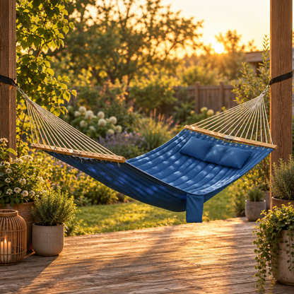 2-Person Quilted Outdoor Hammock with Pillow, Navy Blue
