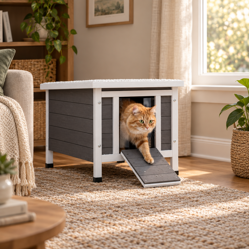 Outdoor Wooden Cat House with Sloped Roof and Door Flaps