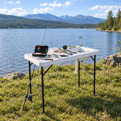 Folding Fish Cleaning Table with Sink and Faucet, Off White