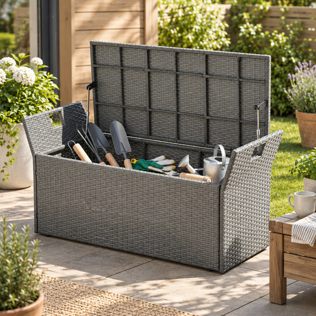 40 Gal PE Rattan Outdoor Storage Bench Deck Box, Grey