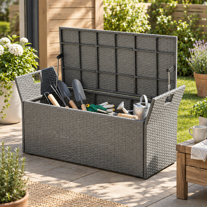 40 Gal PE Rattan Outdoor Storage Bench Deck Box, Grey