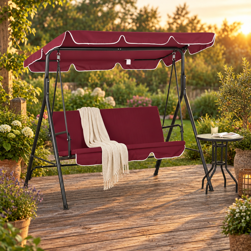 3-Seat Patio Swing with Tilt Canopy and Cushion, Wine Red