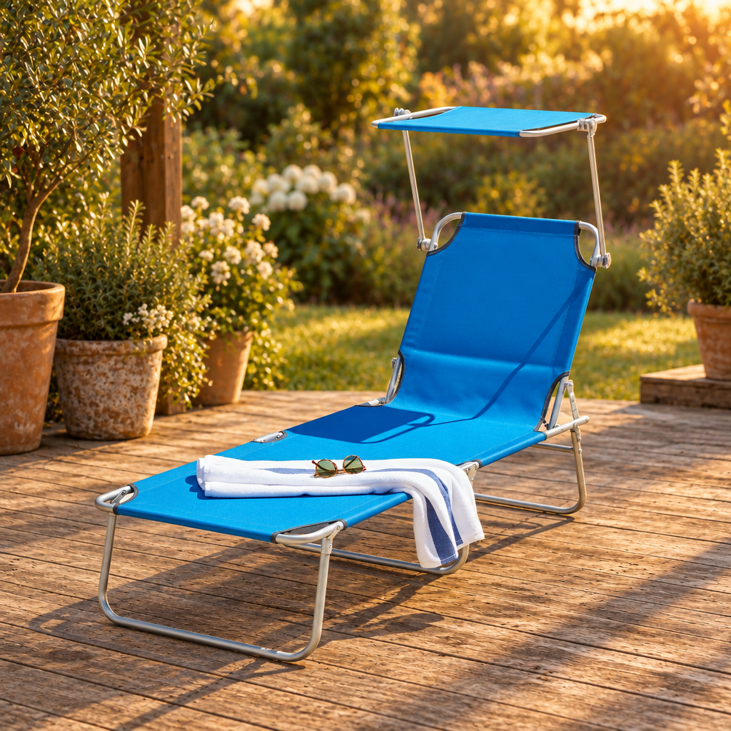 Folding Chaise Lounge Chair with Sun Shade, Blue
