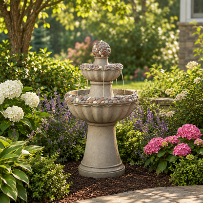 2-Tier Outdoor Water Fountain, Rock Base, 36.5 in, Grey
