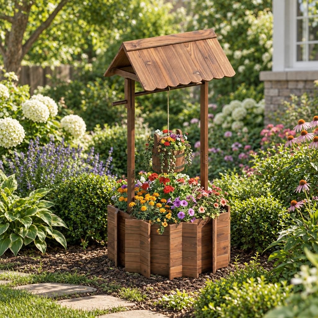 Wooden Wishing Well Planter with Hanging Bucket