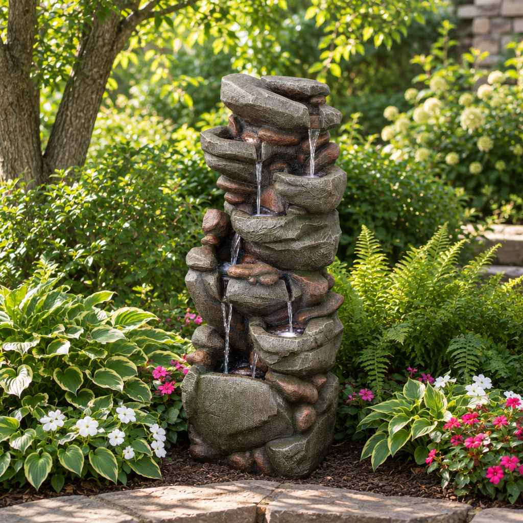 7-Tier Rock-Style Cascading Garden Fountain, 38.98 in