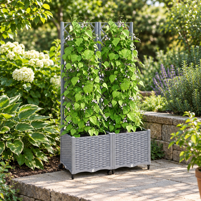 Self-Watering Planter Box with Trellis and Wheels, Gray