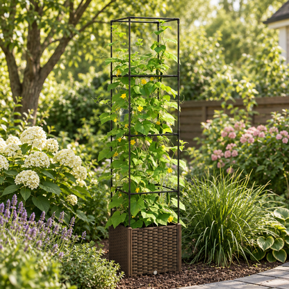 Raised Garden Bed with Trellis and Wheels, Brown