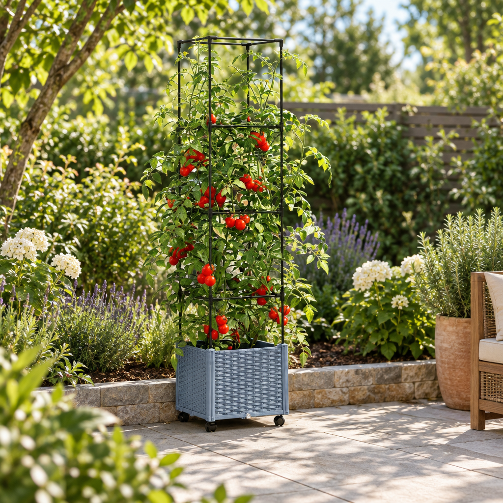 Raised Garden Bed with Trellis and Wheels, Gray