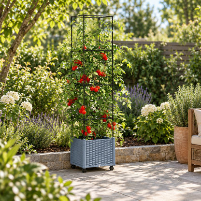 Raised Garden Bed with Trellis and Wheels, Gray