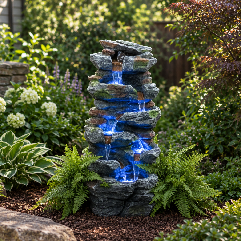Rock Waterfall Outdoor Fountain with LED Lights, Gray