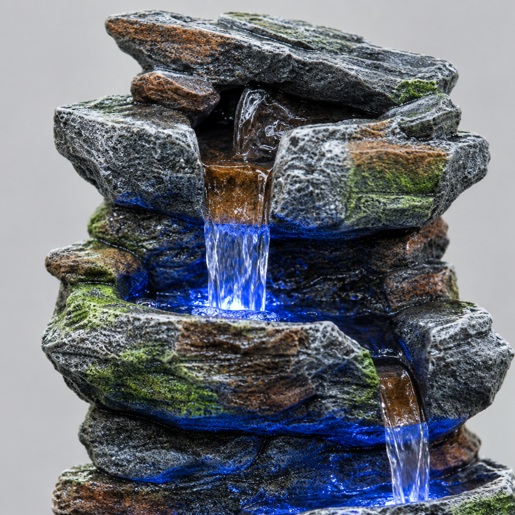 Rock Waterfall Outdoor Fountain with LED Lights, Gray