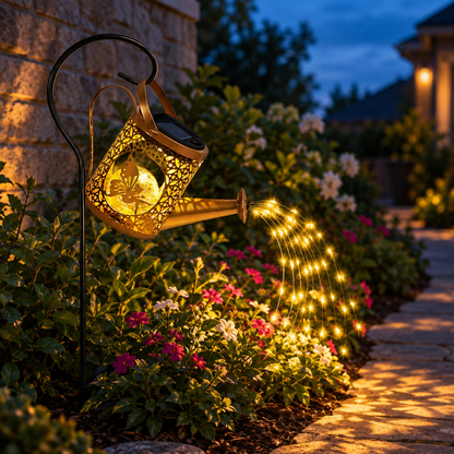 Solar Watering Can Lantern with Shepherd Hook, Bronze