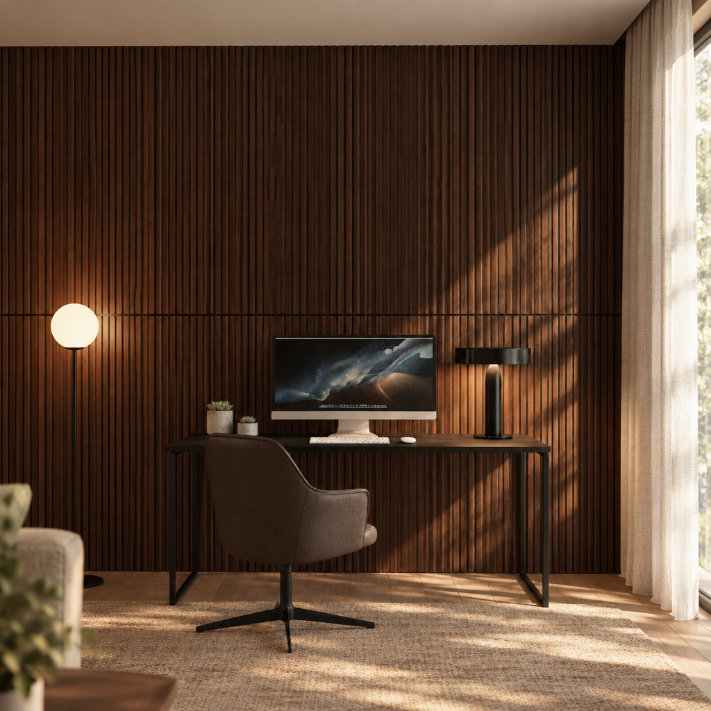 45 in Wood Slat Acoustic Wall Panels, 4 Pack, Dark Walnut