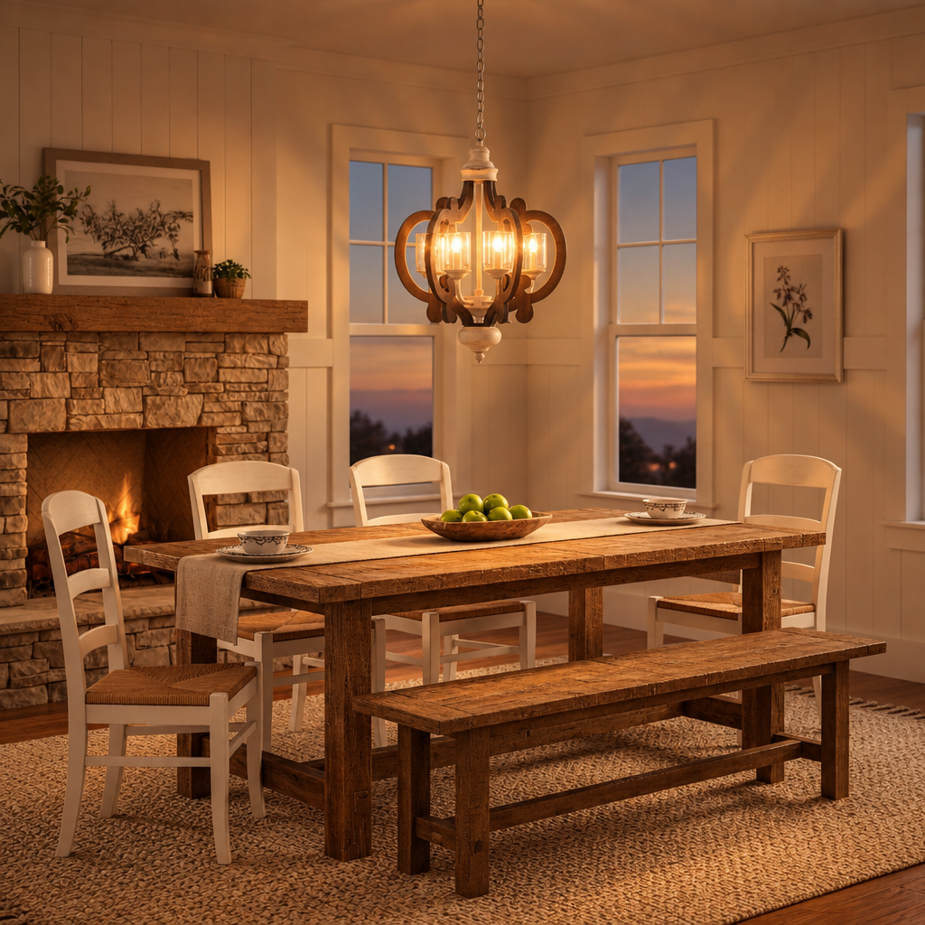 6-Light Wood Chandelier, Cream, 20.5 x 18 x 24 in