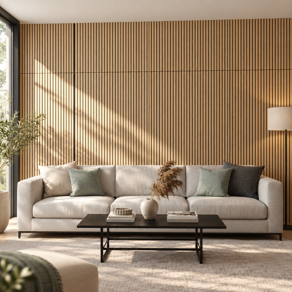 45 in Wood Slat Acoustic Wall Panels, 2 Pack, White Oak