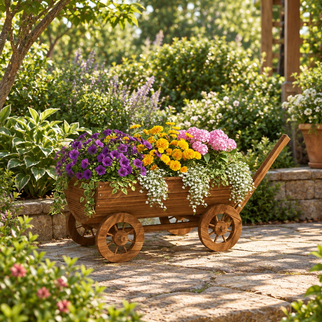 Wooden Wagon Planter Box with 4 Wheels and Drainage Hole