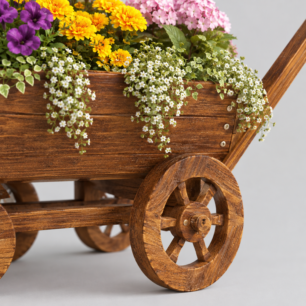 Wooden Wagon Planter Box with 4 Wheels and Drainage Hole
