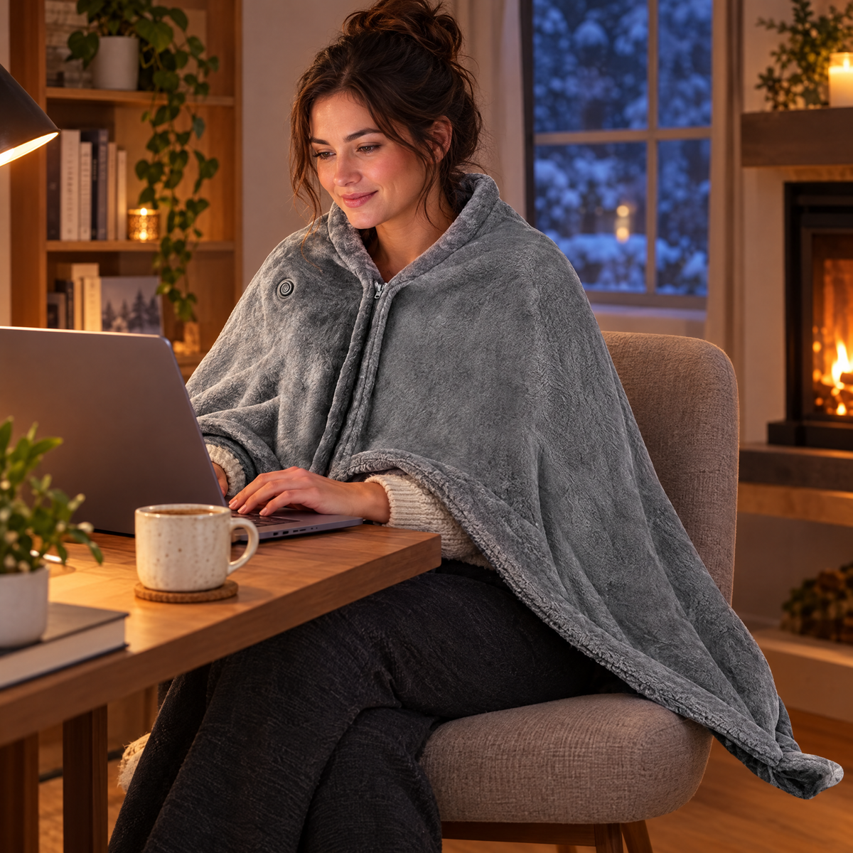 Heated poncho blanket worn over shoulders at a desk