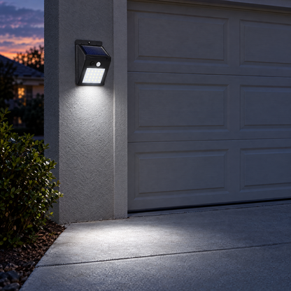 Solar motion sensor light mounted beside a garage door lighting the driveway at dusk