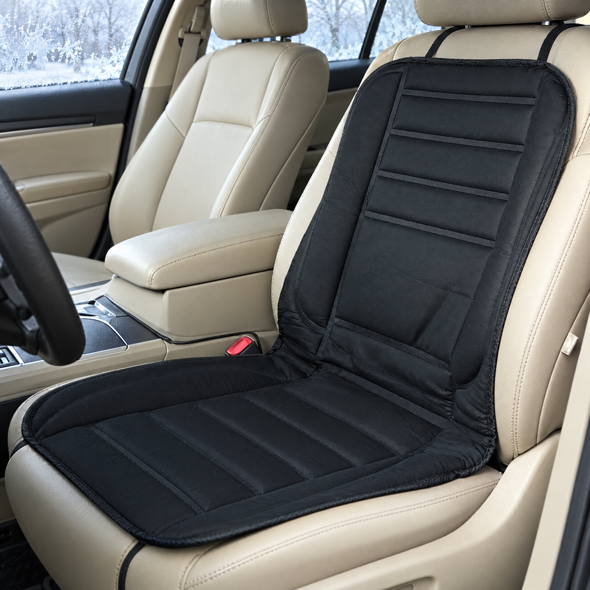 Black 12V heated car seat cover on a driver seat in winter