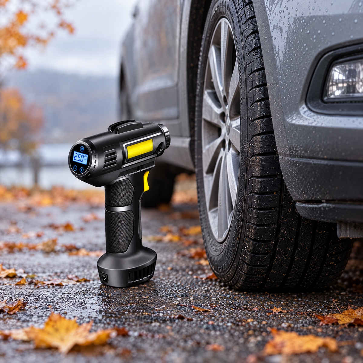 Portable tire inflator next to a car tire