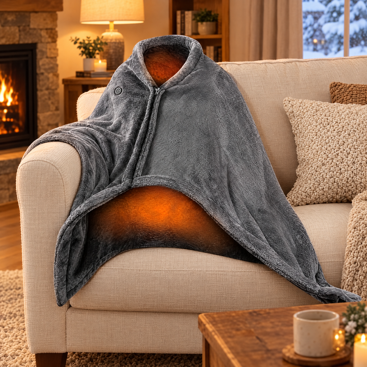 Grey heated throw blanket draped on a sofa