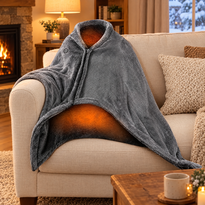 Grey heated throw blanket draped on a sofa