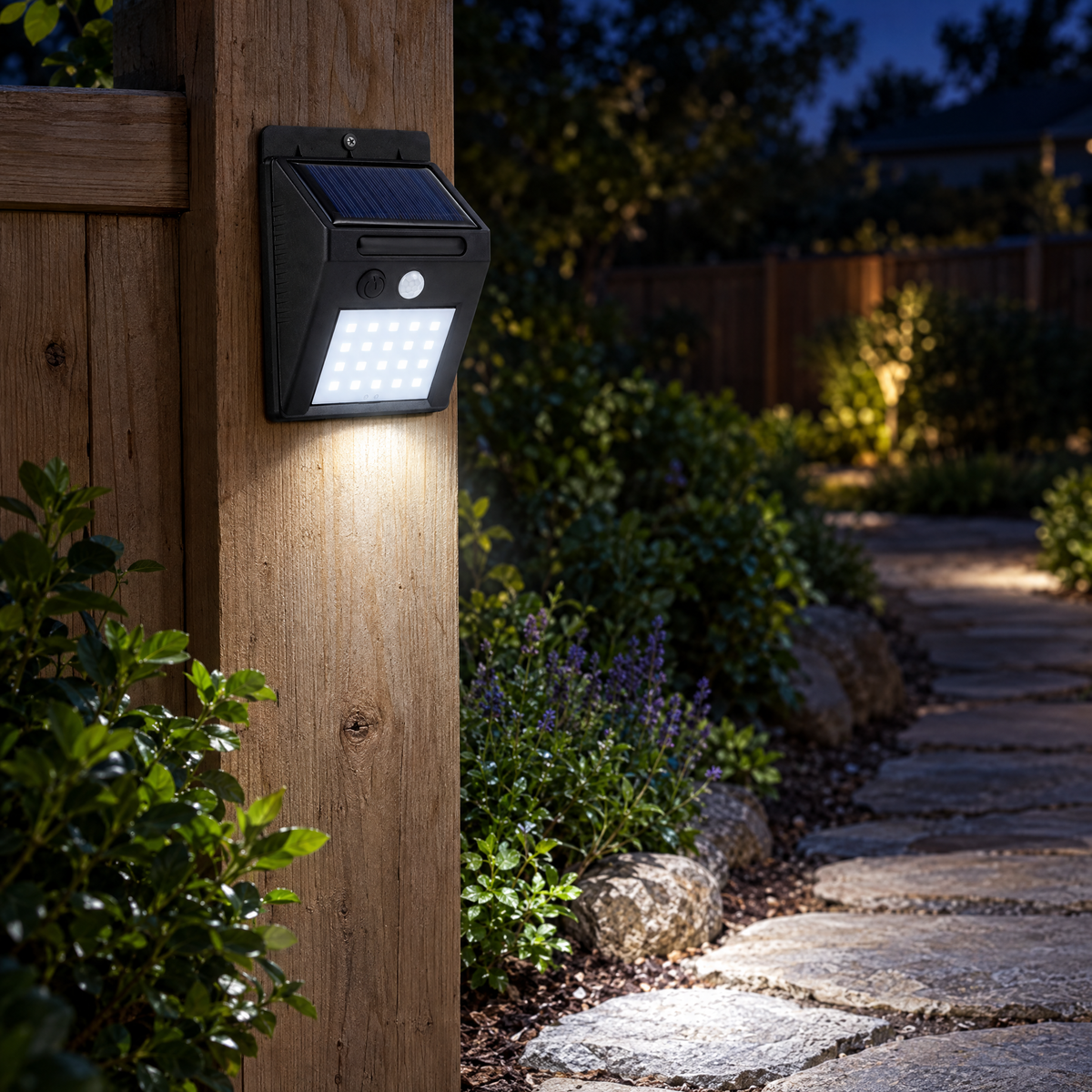 Solar motion sensor light on a fence post lighting a garden path at night