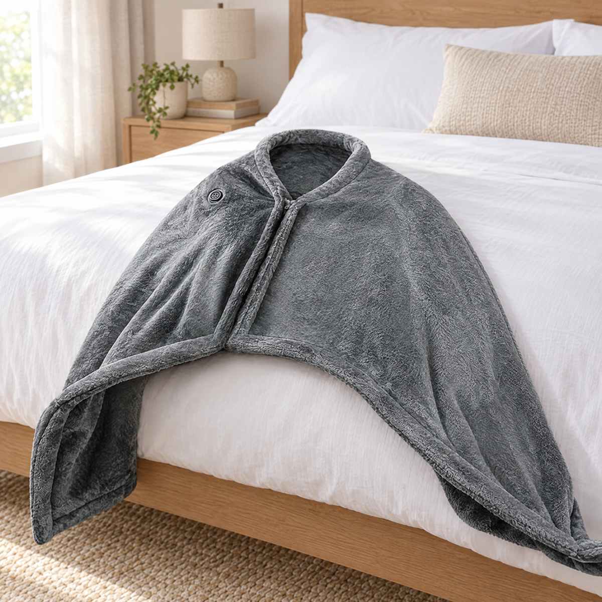 Grey flannel heated blanket on a bed