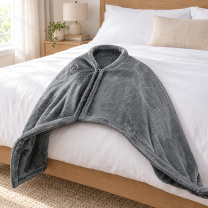Grey flannel heated blanket on a bed