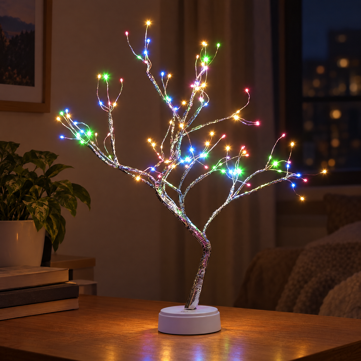 Multicolour LED tree lamp on a desk at night