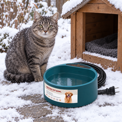 Cat beside heated pet bowl on a snowy patio