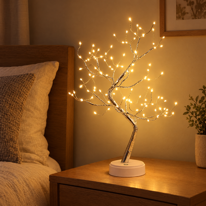 Warm white copper wire LED tree lamp on a bedside table