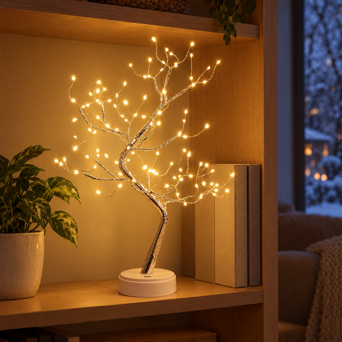 Lighted tree lamp on a living room shelf