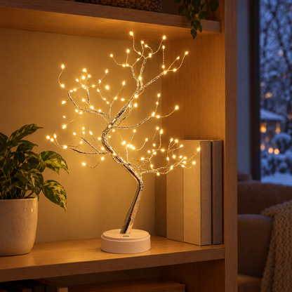 Lighted tree lamp on a living room shelf