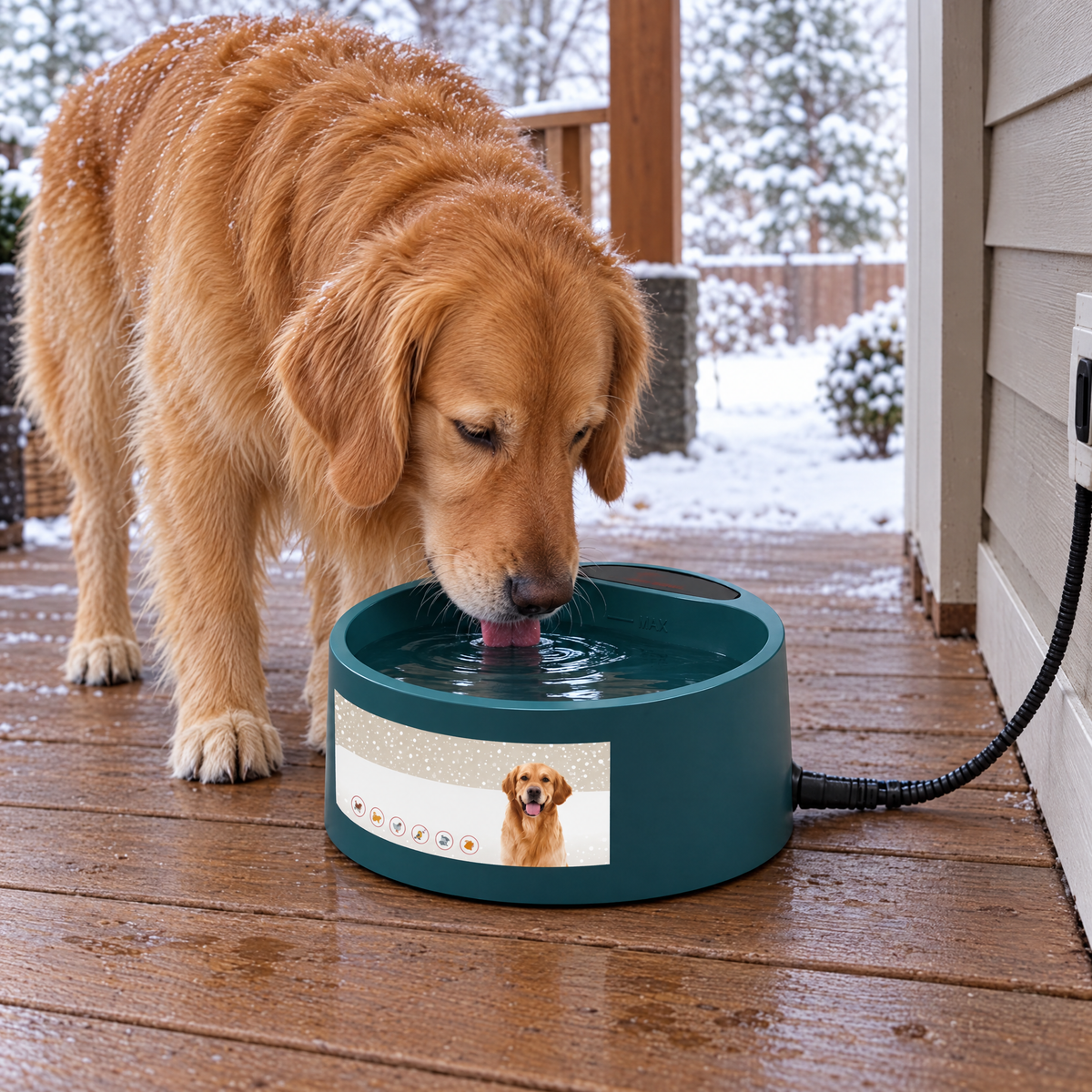 Dog drinking from heated water bowl on a winter porch