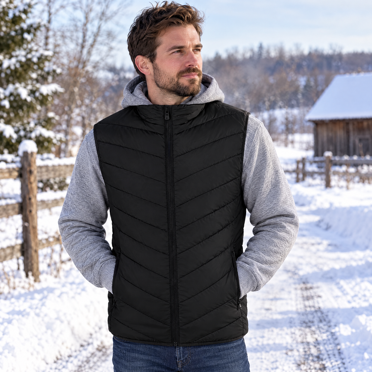 Man wearing black heated vest in snow