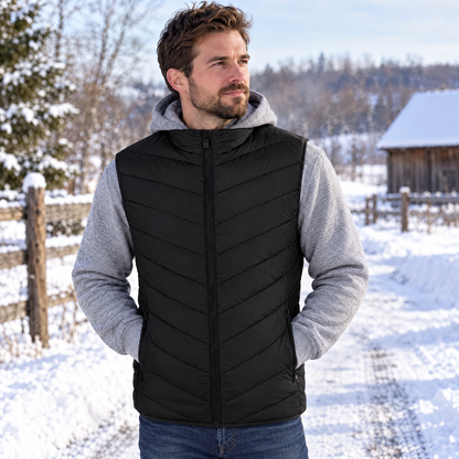 Man wearing black heated vest in snow