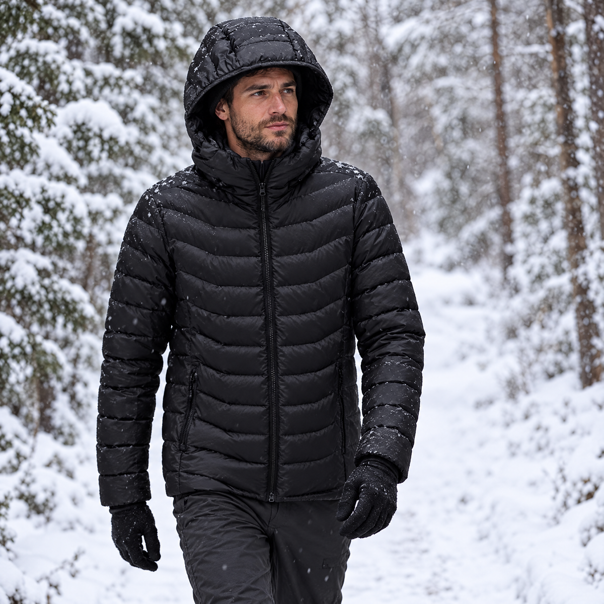 Man wearing heated jacket on snowy trail