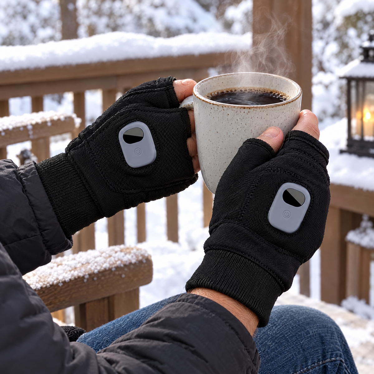 Heated gloves holding coffee in snow