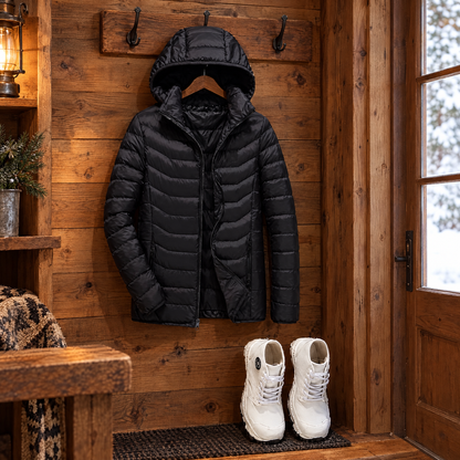 Heated jacket on coat hook
