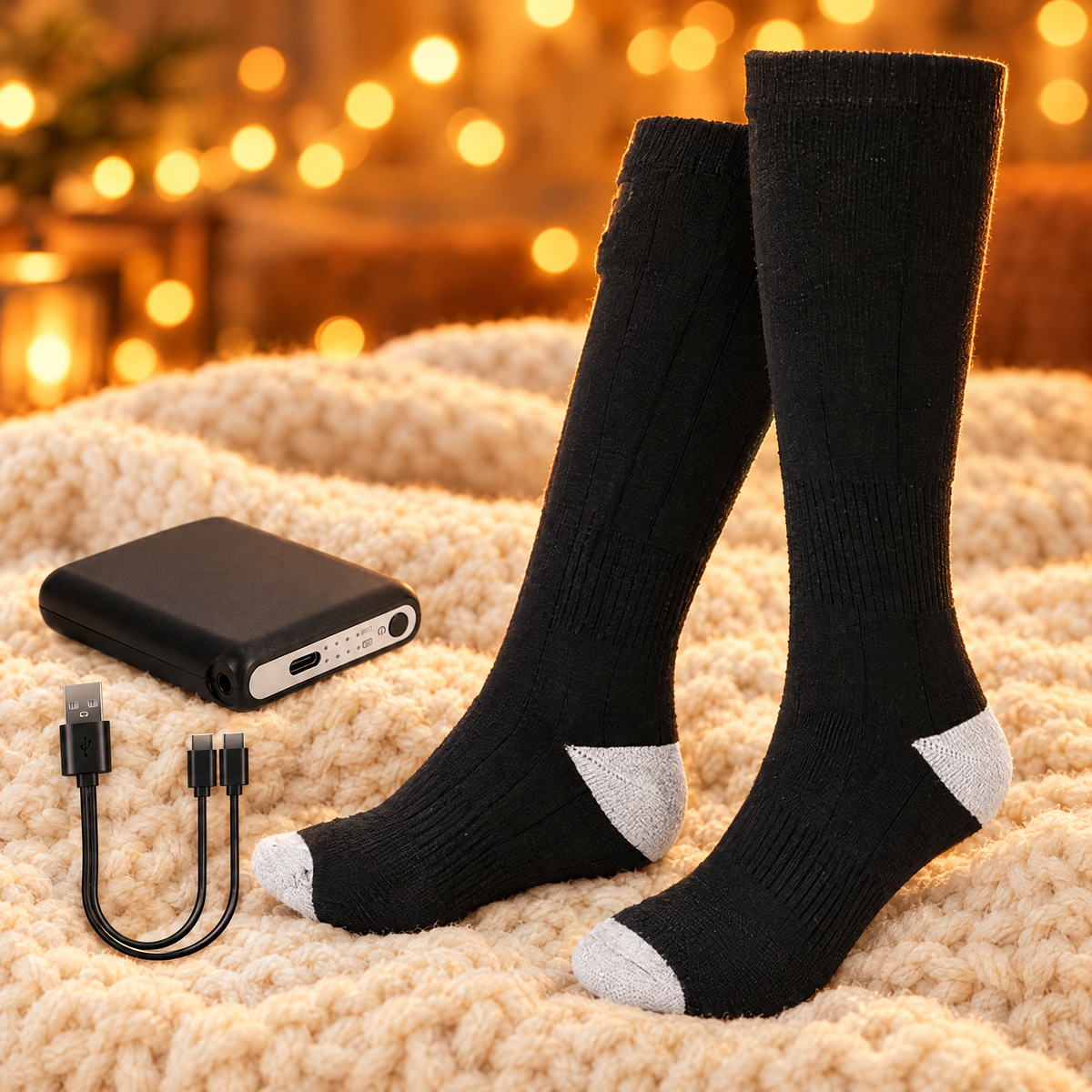 Black heated socks with battery packs