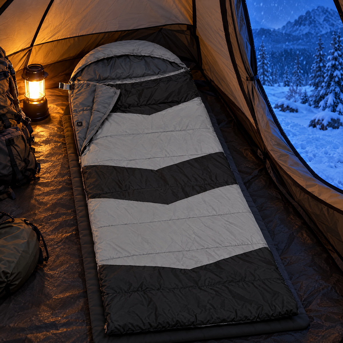 Heated sleeping bag inside tent