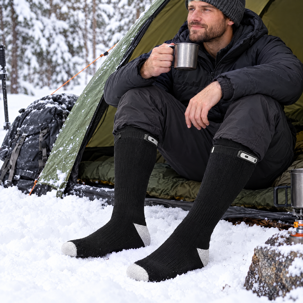 Heated socks while winter camping