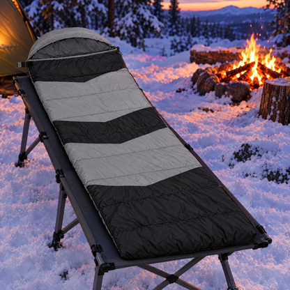 Heated sleeping bag at snowy campsite