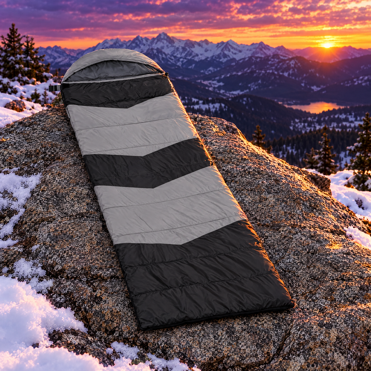 Gray heated sleeping bag on mountain rock
