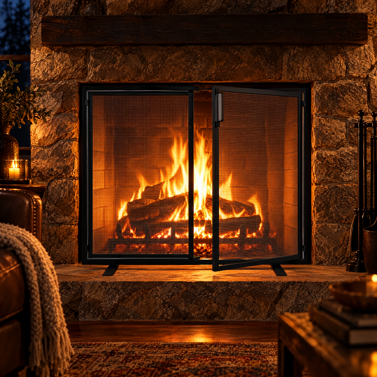 Black fireplace screen in front of fire