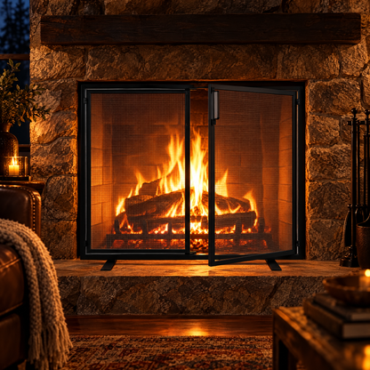 Black fireplace screen in front of fire