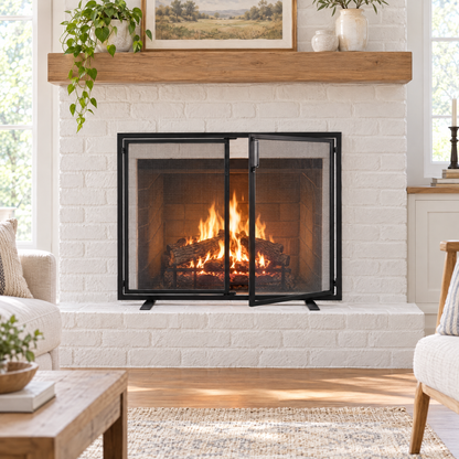 Fireplace screen in farmhouse living room